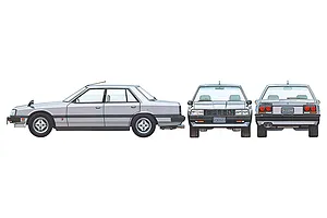 Illustration of a silver Nissan Skyline 2000 Turbo GT-E S sedan shown from the side, front, and rear angles.
