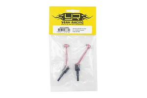Two red Yeah Racing aluminium and steel CVD driveshafts in original yellow and clear plastic retail packaging.