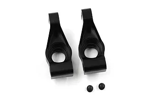 Two black aluminium RC rear hubs and two small black grub screws on a white background.