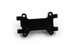 A black anodized aluminium front bulkhead for an RC car, featuring multiple mounting holes and a machined design, isolated on a white background.