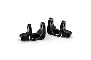 Two black aluminium C-hub steering carriers for RC cars, featuring silver chamfered edges and mounting holes.
