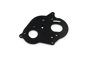 A black anodized aluminium motor mount plate for an RC car, featuring various mounting holes and cutouts, isolated on a white background.