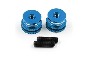 Two blue anodized aluminium twist nuts and two black grub screws on a white background.