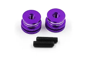 Two purple anodized aluminium twist nuts and two black grub screws on a white background.