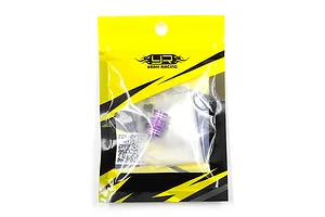 A sealed Yeah Racing branded yellow and black plastic bag containing two purple aluminium twist nuts for RC cars.