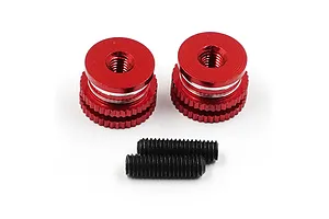 Two red anodized aluminium twist nuts and two black threaded grub screws on a white background.