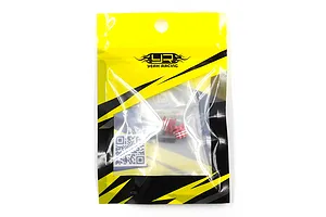 Two red aluminium twist nuts in a yellow and black Yeah Racing branded plastic retail bag.