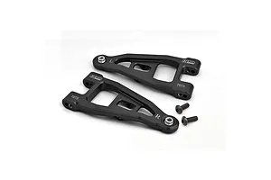 Two black GPM Racing aluminium front lower suspension arms for RC cars, marked with L and R, alongside two small black screws on a white background.