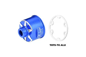 A blue anodized aluminium differential case for RC cars by GPM Racing, shown with a white plastic gasket on a white background.