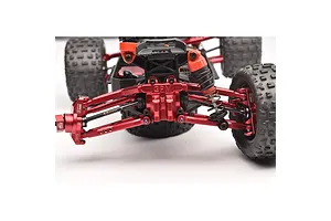 A close-up view of a red aluminium front differential cover and suspension assembly installed on an RC vehicle, featuring GPM Racing branding.