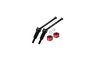 Two black carbon steel RC rear driveshafts with red aluminium hex adapters and small washers on a white background.