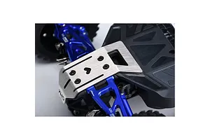 A close-up view of a GPM stainless steel skid plate installed on the front chassis of an RC vehicle with blue anodized suspension arms.