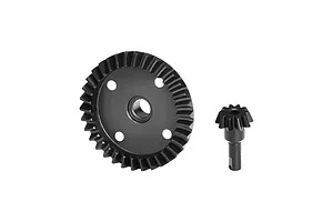 A black carbon steel differential main gear and a smaller input pinion gear for an RC car, shown against a plain white background.