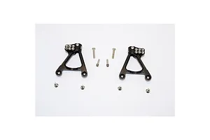 Two black aluminium rear shock mounts for Axial SCX10 II with included mounting screws on a white background.