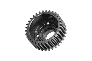A black GPM Racing carbon steel 32T differential gear for RC vehicles, shown from an angled perspective against a white background.