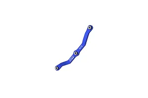 A blue anodized aluminium steering link rod for RC vehicles by GPM Racing, featuring three mounting points and engraved branding.