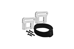 GPM Racing silver aluminium battery hold down retainers with a black velcro strap and four black screws on a white background.