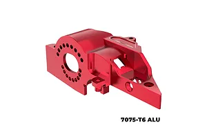 A red anodized aluminium integrated motor base for RC cars by GPM Racing, shown against a white background.