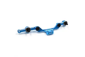 A blue anodized aluminium steering tie-rod set for RC cars by Yeah Racing, featuring integrated bearings and mounting hardware.