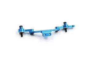 A blue anodized aluminium steering tie-rod assembly for RC cars, featuring two mounting posts with black screws.