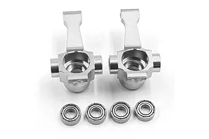 A pair of silver aluminium front steering hubs for RC cars, accompanied by four small metal ball bearings, set against a plain white background.
