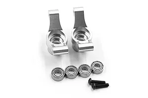 A pair of silver aluminium RC rear hubs with four ball bearings and two black screws on a white background.