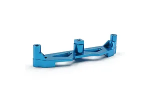 A blue anodized aluminium front shock tower for an RC car, featuring a machined design with three mounting points.