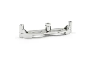 A silver aluminium front shock tower for an RC car, featuring a machined design with mounting points, isolated against a plain white background.