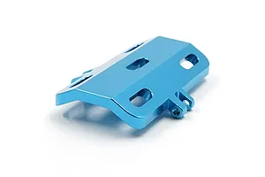 A blue anodized aluminium motor guard for RC cars, featuring mounting slots and a small threaded tab.