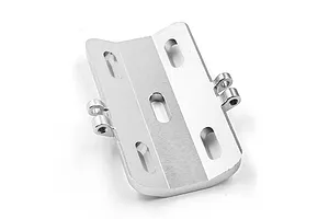 A silver aluminium motor guard for RC cars, featuring a flat mounting plate with multiple slotted holes and two small hinge-like tabs on each side.