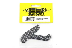 Two Yeah Racing carbon fibre front lower arms for Tamiya TRF104 in original yellow and clear plastic packaging.