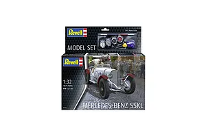 Revell 1/32 scale Mercedes-Benz SSKL model kit box featuring a white vintage race car with red fenders and included paints and glue.