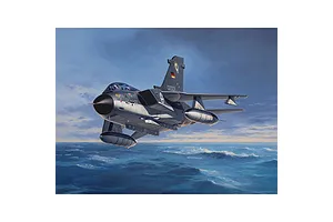 An artistic illustration of a German Marine Panavia Tornado fighter jet flying over a choppy ocean under a cloudy sky.