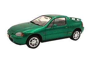 A 1/24 scale model of a metallic green Honda CR-X Delsol SiR, viewed from a high-angle front three-quarter perspective.