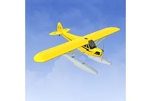 A digital render of a yellow Piper Cub seaplane flying against a blue sky, part of the RealFlight Evolution 2025 content pack.