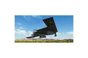 A digital rendering of a B-2 Spirit stealth bomber flying over a desert landscape in the RealFlight simulator.