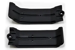 Two black RPM RC skid plates for front and rear chassis protection, shown from a top-down perspective on a white background.
