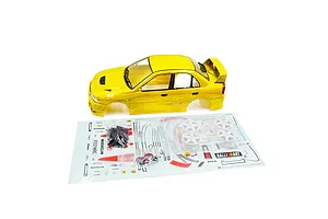 A yellow 1/10 scale Mitsubishi Lancer Evo IV RC body shell with white rims and a decal sheet on a white background.
