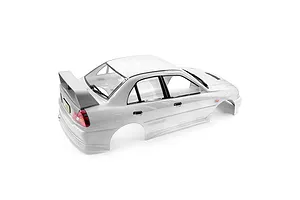 A white 1/10 scale Mitsubishi Lancer Evolution IV RC car body shell viewed from the rear three-quarter angle against a white background.