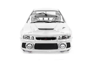Front view of a white 1/10 scale Mitsubishi Lancer Evo IV RC car body shell with detailed headlights, grille, and fog lights.