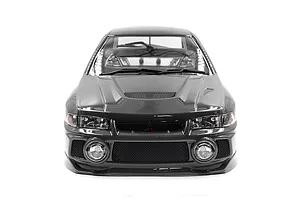 Front view of a silver 1/10 scale Mitsubishi Lancer Evo IV RC car body shell with detailed headlights and grille.