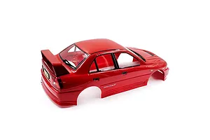 A red 1/10 scale Mitsubishi Lancer Evolution IV RC car body shell viewed from the rear three-quarter angle.