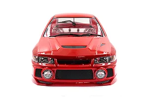 Front view of a red 1/10 scale Mitsubishi Lancer Evo IV RC car body shell with detailed headlights, grille, and windshield wipers.