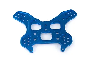 A blue anodized aluminium rear shock tower for an RC car, featuring multiple mounting holes and a symmetrical design.