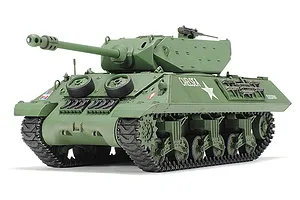 A fully assembled and painted 1/48 scale Tamiya British M10 IIC Achilles tank model kit on a white background.