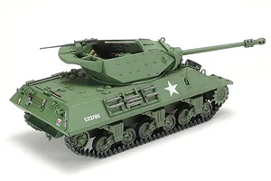 A fully assembled and painted 1/48 scale Tamiya British M10 IIC Achilles tank model, shown from a rear three-quarter angle against a white background.