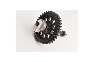 A black GPM Racing 35T spur gear with a metal hub and bearing assembly on a white background.