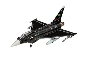 A completed 1/144 scale plastic model of a black RAF Eurofighter Typhoon fighter jet on a white background.