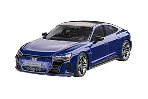 A 1/24 scale model of a blue Audi RS e-tron GT, viewed from the front three-quarter angle against a white background.