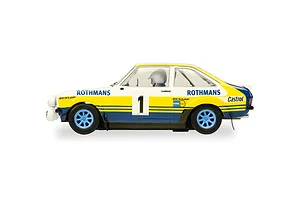 Side profile of a 1/32 scale Scalextric Ford Escort MkII slot car in white, blue, and yellow rally livery with number 1.